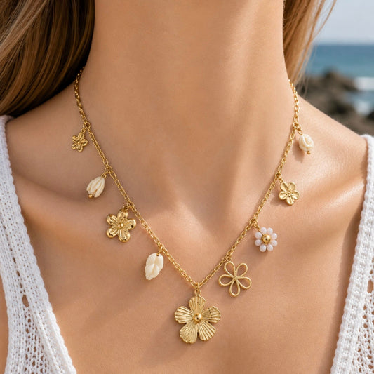 Collier Flore en acier inoxydable porté - Luneia Bijoux