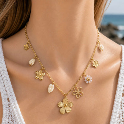 Collier Flore en acier inoxydable porté - Luneia Bijoux