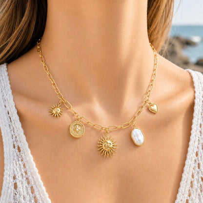 Collier Sun en acier inoxydable porté - Luneia Bijoux